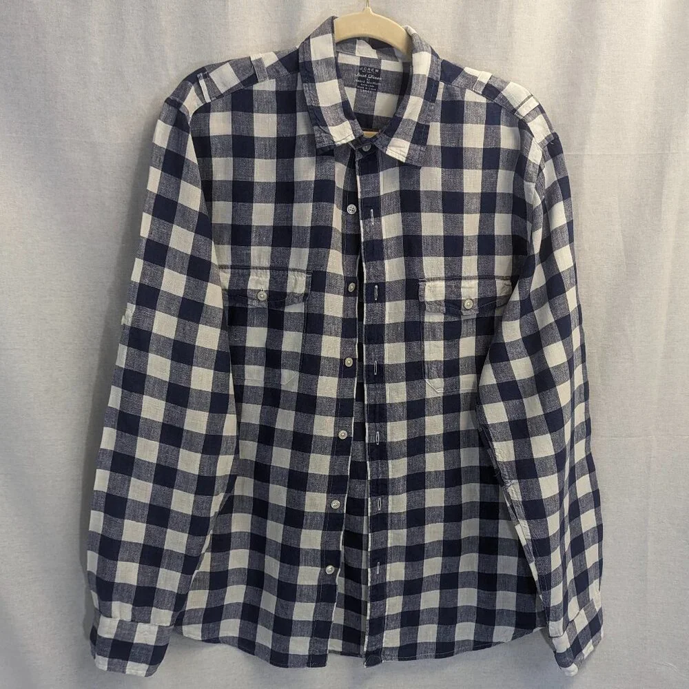 J. Crew Size Large 100% Linen Navy/White Checkered Button Down